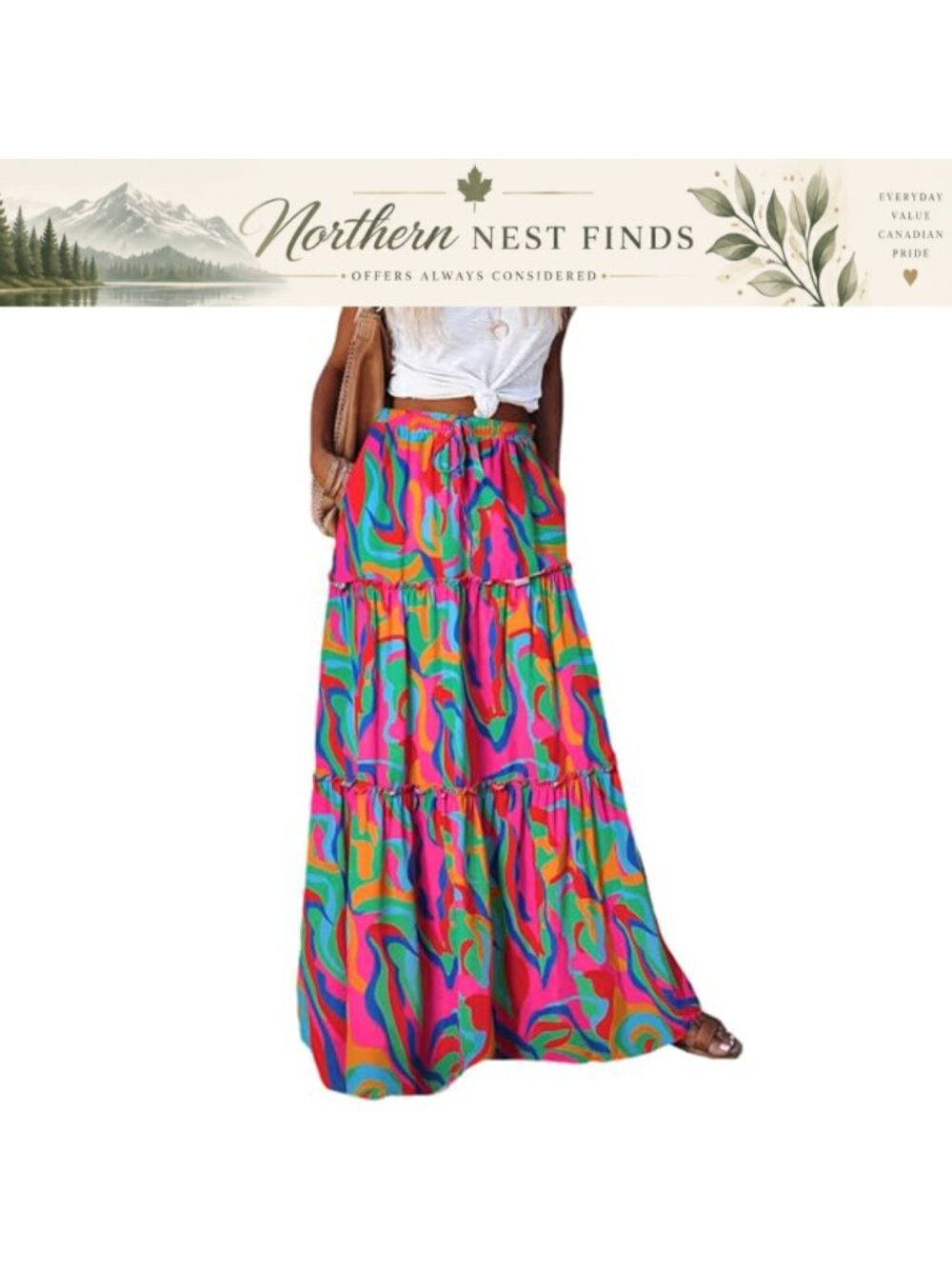 Boho Maxi Skirt Elastic Waist Drawstring Tiered Ruffle A-Line Pockets